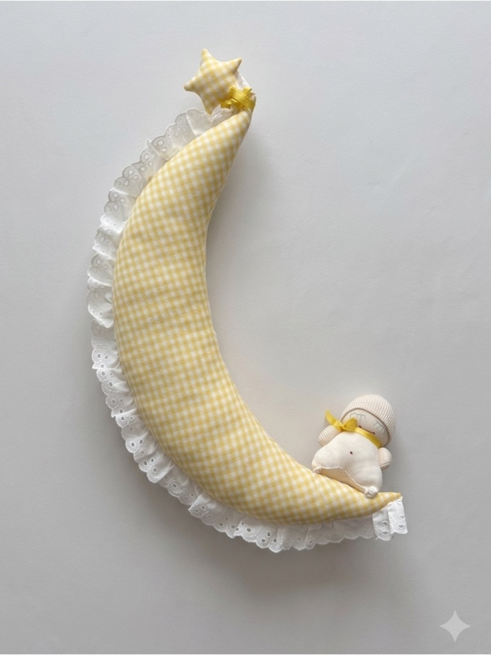 Vintage Crescent Moon & Star Baby Wall Hanging Mobile Retro Decor Gingham Eyelet